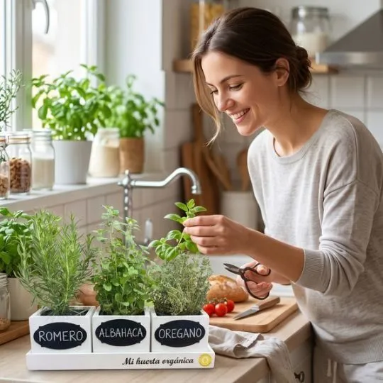 Huerta organica con plantas aromaticas blanca 